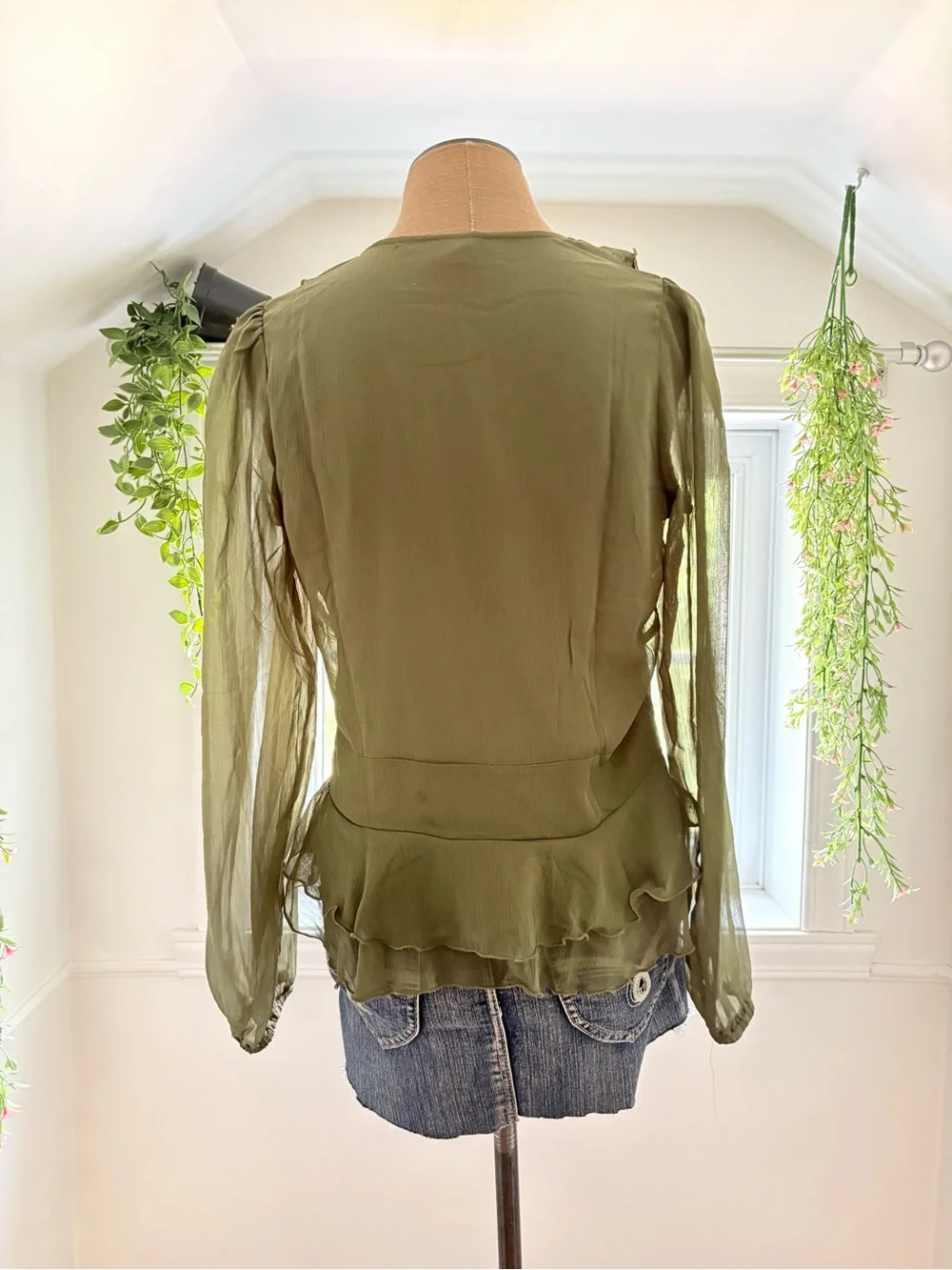 Olive Green Ruffle Blouse - Women Tops - Picture 4 of 6